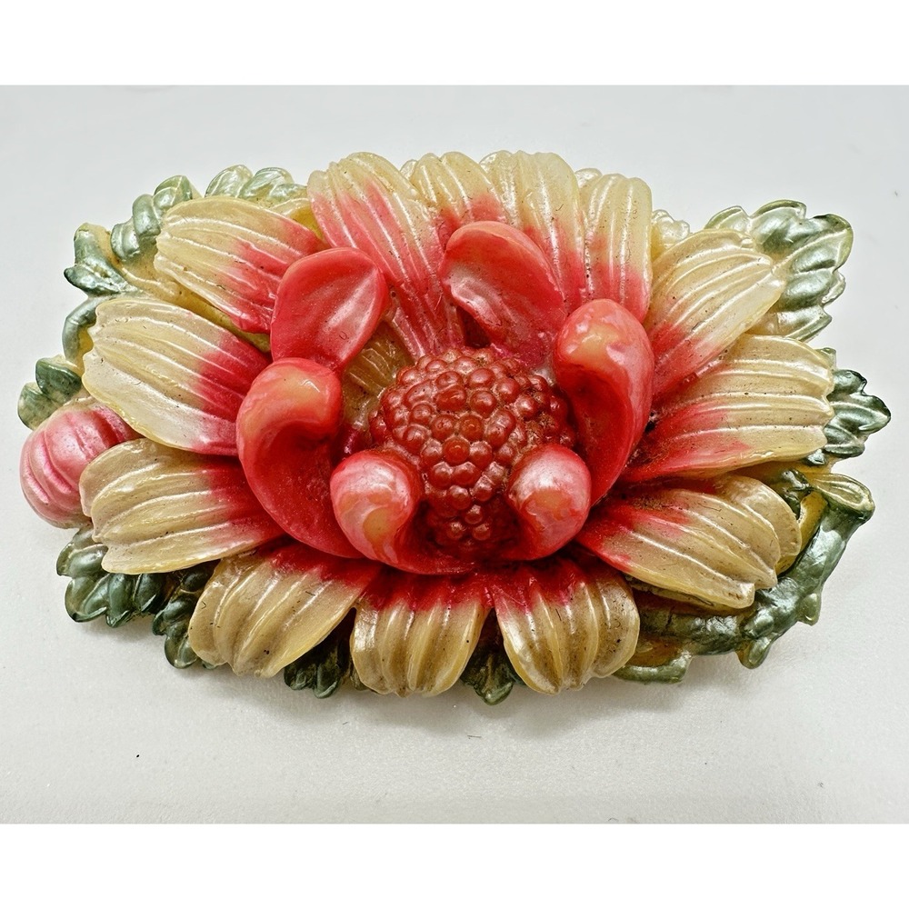 Vintage Flower Carved Celluloid Brooch Pastel Relief Layered 2" Pin Japan